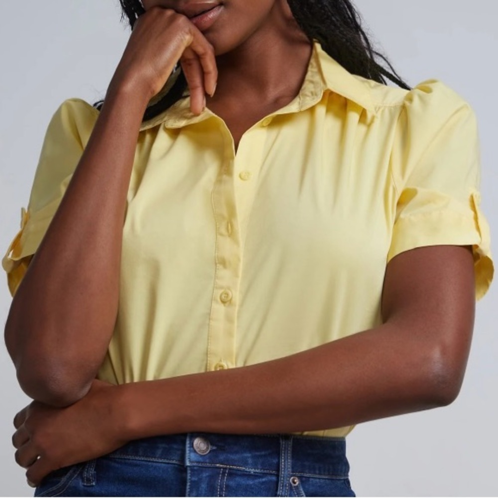 Short-Sleeve Button-Front Secret Snap - NY&C Madison Shirt® LARGE / YELLOW - NWT